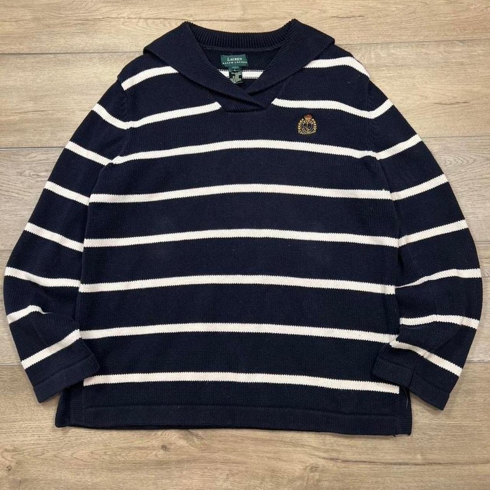 Lauren Ralph Lauren Sweater Womens Large Navy White Stripe Nautical Crest Shawl